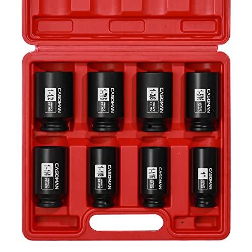 CASOMAN 1/2-Inch Drive Deep Spindle Axle Nut Impact Socket Set, 6 Point, CR-MO, SAE, 1" to 1-1/2", 8-Piece 1/2" Dr. Deep Impact Socket Set - size: 1/2" Dr. 8pcs (1" - 1-1/2")