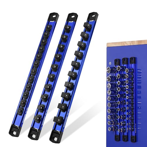 WORKPRO Magnetic Socket Organizer Set, 1/2" 3/8" 1/4" Drive Aluminum Alloy Socket Holder with Removable Socket Clip for Quick Customization, 3PC Socket Rail for Tool Box Drawer (Sockets Excluded) - color: Blue, size: 3 Pieces-1/4", 3/8" & 1/2" DR