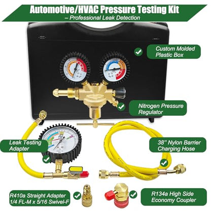 53010 Automotive/HVAC Pressure Tester Kit, Pressure Testing Tools, Includes 53001 Nitrogen Pressure Regulator, Leak Testing Adapter 53042, Charging Hose, R134a Adapter, R410A Adapter