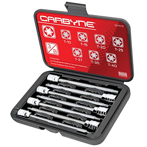 CARBYNE 7-Piece Torx Extra Long Bit Socket Set, T10 to T40, 3/8 in. Drive, S2 Steel Bits, CrV Sockets, Zinc Phosphate, 6.1 in. Length, Durable Case, Genuine Licensed Torx - style: Torx