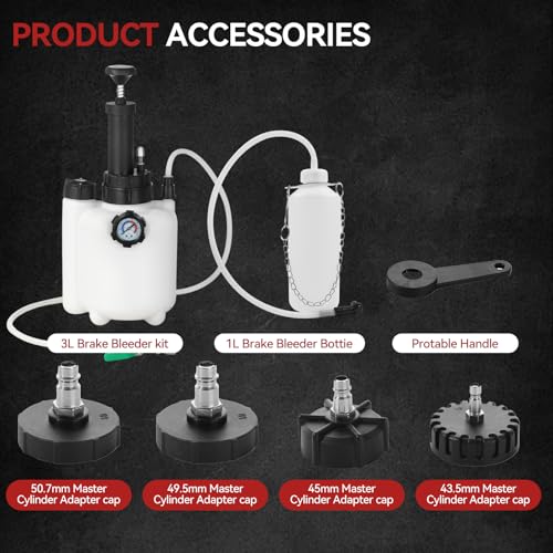 3L Manual Brake Bleeder Kit with Vacuum Pump - 1L Waste Bottle, 4 Upgraded Master Cylinder Adapters & 2 Brake Hoses, One-Person Operation Brake Fluid Bleeding Tool for Most Vehicles
