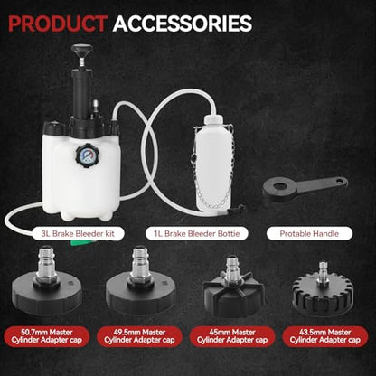 3L Manual Brake Bleeder Kit with Vacuum Pump - 1L Waste Bottle, 4 Upgraded Master Cylinder Adapters & 2 Brake Hoses, One-Person Operation Brake Fluid Bleeding Tool for Most Vehicles