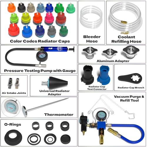 KJE 31PCS Coolant Pressure Tester Kit, Radiator Pressure Tester Kit with 23 Radiator Adapters, and Coolant Vacuum Refill Kit for Automotive Cooling System Water Tank Leakage Detection