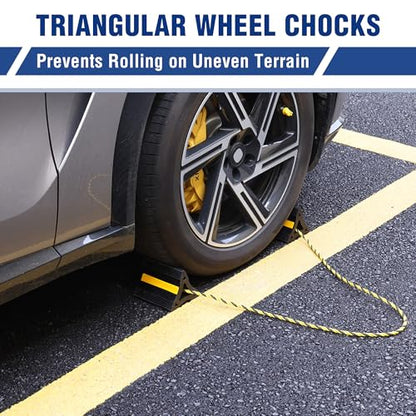WORKPRO 4-Pack Wheel Chocks, Rubber Wheel Chocks with Rope, Heavy Duty Non-Slip Wheel Chock for RV, Trailer, Cars & SUVs, Tire Stopper Wedges with 3 Reflective Strips for Garage and Driveway
