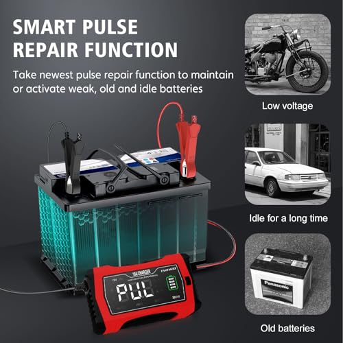 Lithium/LiFePO4/Lead Acid Battery Charger Smart Battery Trickle Charger 12V/24V 10A/5A Automotive Battery Maintainer Desulfator Temp Compensation for Car Truck Motorcycle Lawn Mower Marine RV