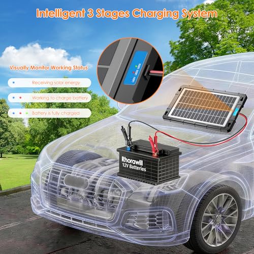 Rhorawill 8W 12V Solar Battery Charger & Maintainer, Waterproof Solar Panel Trickle Charging Kit Built-in Charge Controller, Solar Trickle Charger for Car Boat RV Motorcycle Trailer Automotive, etc.