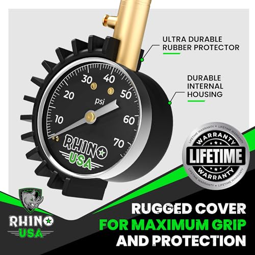 Rhino USA Heavy Duty Tire Pressure Gauge - ANSI Certified Glow Dial | ANSI B40.1 certified accurate, large 2in glow dial, 360° swivel head, solid brass hardware for car & truck tires. - size: 75 PSI Compact