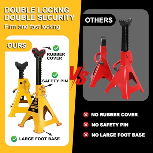 6 Ton (13,200 LBs) Jack Stands with Double Pin Locking,Rubber Cover,Large Foot Base,16-24In Adjustable Height Heavy Duty Jack Stands,Lifting Car,Bus,RV,SUV,MPV,Pickup Truck,1 Pair Yellow - color: yellow, size: 6Ton Load Capacity