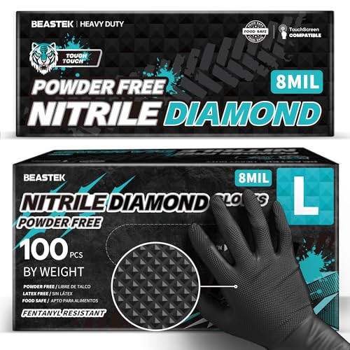 BEASTEK Nitrile Disposable Gloves, 8Mil Latex & Powder Free Chemical Resistant Heavy Duty Cooking Diamond Gloves Black 100Pcs - color: Large (Black)