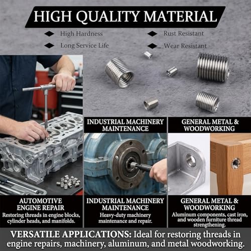 Thread Repair Inserts Kit 140PCS 304 Stainless Steel Metric Thread Insert | M3 M4 M5 M6 M8 M10 M12 Wire Thread Repair Inserts for Automotive, Machinery, Engine Repair