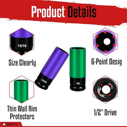 WETT 1/2-Inch Drive Lug Nut Socket Set, 5-Piece Wheel Protector Thin Wall Deep Impact Socket with Color-Coded Protective, (Metric 17mm, 19mm, 21mm & SAE 13/16" 7/8") CR-V Steel, 6 Point, Non-Marring - size: 5Pcs Metric & SAE