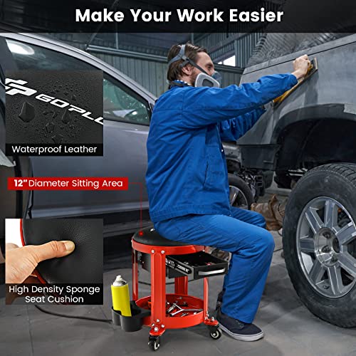 Nightcore Workshop Rolling Seat, Round Creeper Stool with Removable Cushion, Tool Tray, 2 Drawers & Twin Can Holders, Mechanic Roller with 4 Universal Casters for Garage, 300 Lbs Weight Capacity