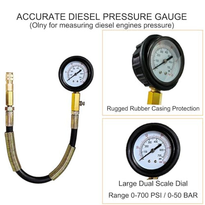 Professional 46-Piece Diesel & Petrol Engine Compression and Leak Down Tester Kit | Dual Gauge Diagnostic Tool for HDI, TDCi, Pumpe Duse Engines | Automotive Cylinder Leak Maintenance Test