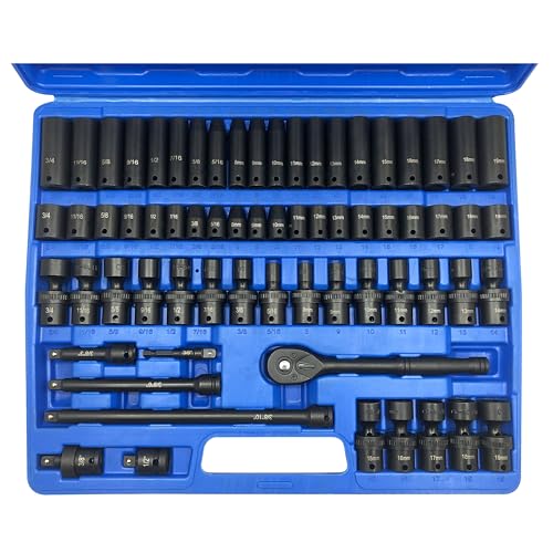 MacWork 67 Pieces 3/8“ Drive Impact Socket Set, SAE and Metric Sockets, CR-V & CR-Mo, Complete Socket Set with Shallow, Deep & Swivel Sockets, Includes Ratchet, Extension Bars & Adapters