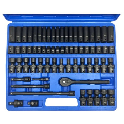 MacWork 67 Pieces 3/8“ Drive Impact Socket Set, SAE and Metric Sockets, CR-V & CR-Mo, Complete Socket Set with Shallow, Deep & Swivel Sockets, Includes Ratchet, Extension Bars & Adapters