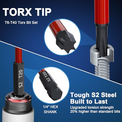 Long Torx Bit Set 6-Inch, 13PCS T6–T40, Magnetic S2 Steel Torx Bits with 1/4" Hex Shank, Extended Reach Torx Set for Deep & Hard-to-Reach Screws, Impact Ready
