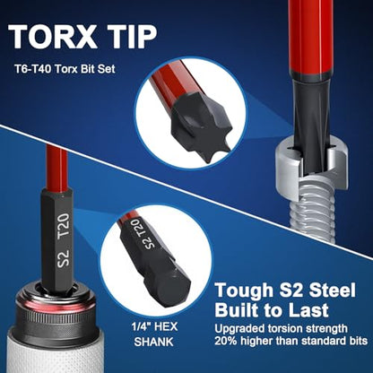 Long Torx Bit Set 6-Inch, 13PCS T6–T40, Magnetic S2 Steel Torx Bits with 1/4" Hex Shank, Extended Reach Torx Set for Deep & Hard-to-Reach Screws, Impact Ready