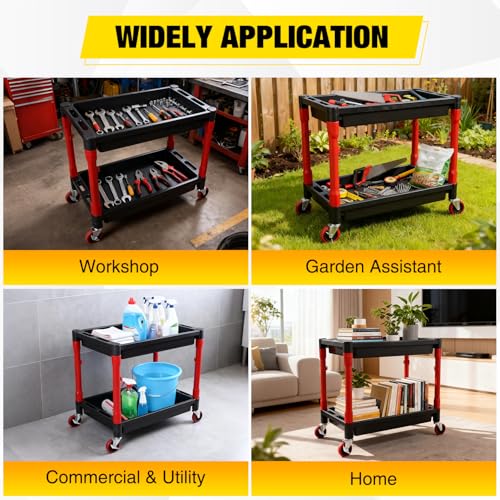2-Tier Rolling Utility Cart with 4" Swivel Wheels, Heavy-Duty Plastic Tool Cart for Auto Detailing, Garage & Workshop - size: 2-Tier