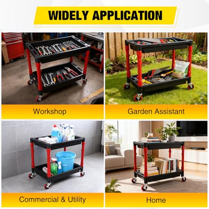 2-Tier Rolling Utility Cart with 4" Swivel Wheels, Heavy-Duty Plastic Tool Cart for Auto Detailing, Garage & Workshop - size: 2-Tier