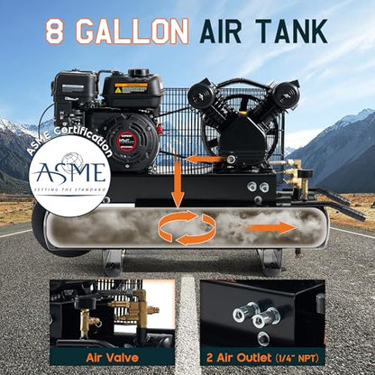 Albott 6.5HP Gas Powered Air Compressor 8 Gallon Portable Air Compressor | 196cc Loncin Engine Max 115PSI Pressure Pneumatic Tool Compatible Commercial and Residential Use - size: 8 Gal