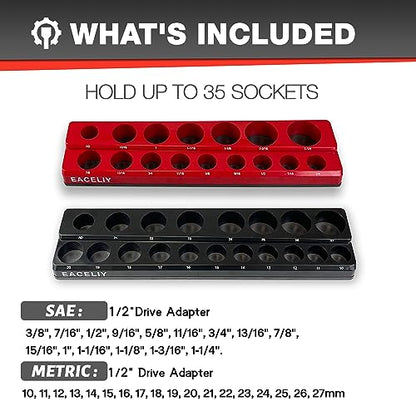 EACELIY Magnetic Socket Organizer Set,SAE & Metric Socket Holder Kit,，Tools tray， holds 35 Deep and Shallow 1/2" Sockets, attaches to steel box/tool cart (sockets not included) 丨2PC 1/2" - size: 2PCS 1/2inch