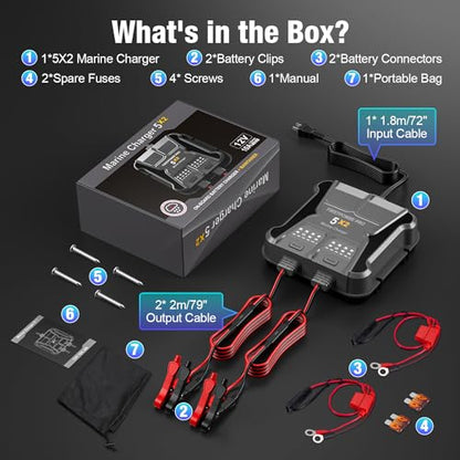 2 Bank Marine Battery Charger 5X2, 10A (5A/Bank) - 12V Waterproof Onboard Battery Charger, Battery Maintainer & Desulfator for SLA/AGM, Lithium (LiFePO4), Calcium & Deep-Cycle Battery- Charged 24/7 - size: 2 Bank(10A)