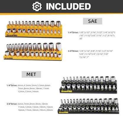 Socket Organizer, Magnetic Socket Holder Set, 4 Piece SAE & Metric Socket Trays Includes 1/4", 3/8" Drive Holds 108 Sockets - style: 4-Piece Magnetic Socket Holder