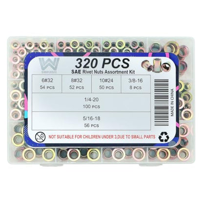 320 Pcs SAE Rivet Nut Kit, 6#32 8#32 10#24 1/4 5/16 3/8 | Zinc-Plated Carbon Steel, 6#32 8#32 10#24 1/4-20 5/16-18 3/8-16 - size: SAE Kit (320 Pcs)