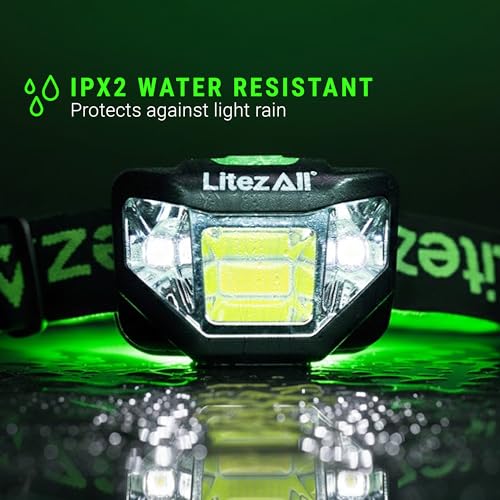 LitezAll Quattro 4 Mode LED Headlamp - Rechargeable Hands-Free Lighting for Camping & Hiking, 2 Pack