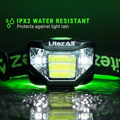 LitezAll Quattro 4 Mode LED Headlamp - Rechargeable Hands-Free Lighting for Camping & Hiking, 2 Pack