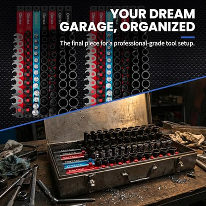 8PC Magnetic Socket Organizer Set, for 1/2″ 3/8″ 1/4″ Drive with 3 Black 3 Red 2 Blue Trays, 360° Swivel Removable Clips, Heavy Duty Aluminum Alloy Rail for Tool Box Drawer