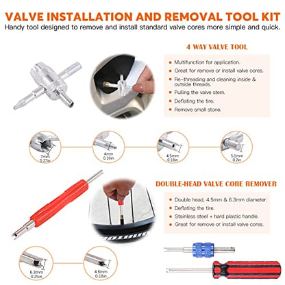 119Pcs Valve Core Remover Tools with Aluminum Tire Valve Stem Caps, Valve Core, Dual Single Head Valve Core Remover and 4-Way Valve Tool Kit for Automotive Truck Motorcycle Bicycle