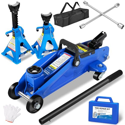 2 Ton (4000 lbs) Capacity, Low Profile Hydraulic Trolley Service/Floor Jack Combo with 2 Ratchet 3 Ton Jack Stands, tire Repair kit, 14-inch Wheel Cross Wrench - color: 2Ton with Jack stands+Tire repair kit+Wrench Blue