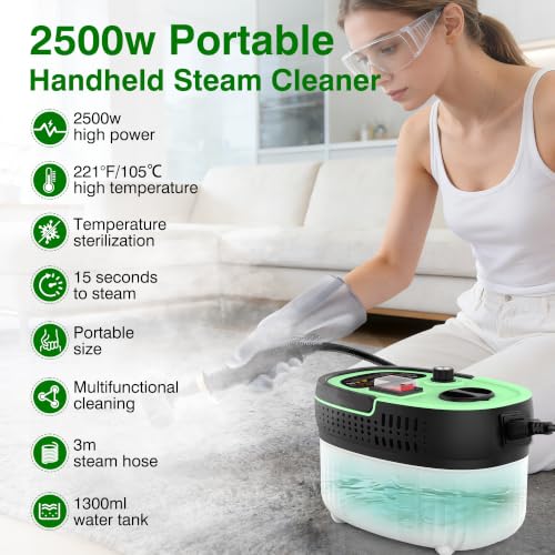 Steam Cleaner with 15-in-1 Kit, 2500W Steamer for Home & Car Detailing | 14.8ft Extended Reach, 15s Fast Heat-Up, 6-Level Adjustable, ANSI Z87.1 Safety Goggles, 45 Mins Steam, Green - color: Green