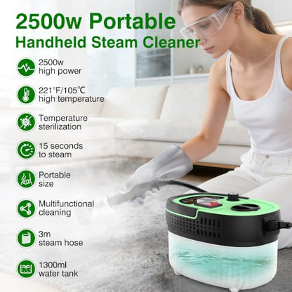 Steam Cleaner with 15-in-1 Kit, 2500W Steamer for Home & Car Detailing | 14.8ft Extended Reach, 15s Fast Heat-Up, 6-Level Adjustable, ANSI Z87.1 Safety Goggles, 45 Mins Steam, Green - color: Green
