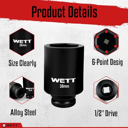 WETT 1/2" Drive Deep Large Impact Socket Set, 9-Piece Spindle Axle Nut Metric 6 Point Sockets Set, CR-V, 29mm-38mm - size: 1-1/8"-1-1/2" (9pc)