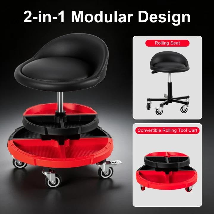 Frassie Rolling Mechanic Garage Seat Stool with Modular Removable Tool Tray, Pneumatic Height Adjustable Rolling Shop Chair for Auto Repair 300 LBS Capacity