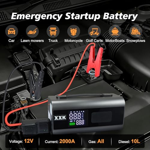160PSI Tire Inflator Portable 2000A Car Jump Starter,20000mAh | 15000PA Vacuum With Digital Pressure Gauge,Power Bank With Led Light,Suck&Blow Function,For Car,Bicycle,Balls
