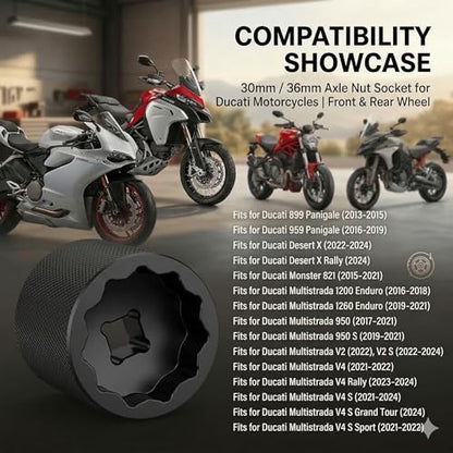 30mm / 36mm Axle Nut Socket Tool for Ducati Motorcycles - Front & Rear Wheel Nut Wrench Compatible with Multistrada V4, DesertX, Monster 821, Panigale 899/959-1/2" Drive Heavy Duty Steel