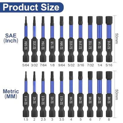 HPHOPE Impact Hex Head Allen Wrench Drill Bit Set 20 Pcs - 2"(Metric&SAE) | Premium S2 Steel, CNC Machined Tips wit Magnetism, Storage Box, 1/4" Hex-Shank for Automotive and Home Repairs - size: 50 mm, 20 Pcs, Metric&SAE
