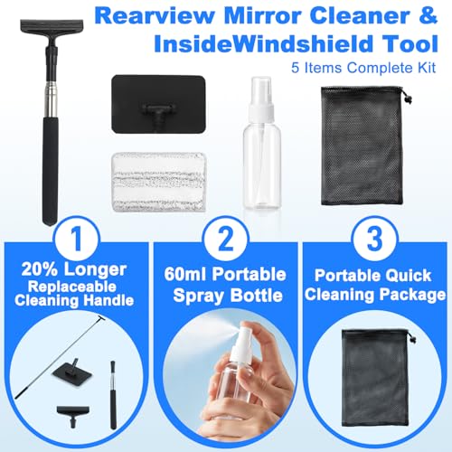 Rearview Mirror Cleaner & Inside Windshield Cleaner Tool-41Inch Extendable Pole, 2-in-1 Microfiber & Rubber Head, Anti-Slip Handle, Car Detailing Kit for SUV, Truck, Minivan | Extendable Pole, 2-in-1 Microfiber & Rubber Head, Anti-Slip Handle, Car Detaili