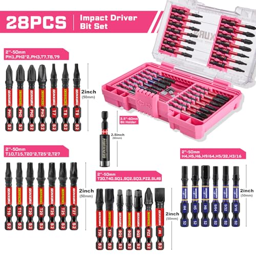 Geinxurn 28Pieces Impact Screwdriver Bits Set, Magnetic S2 Steel Phillips/Slotted/Square/Torx Insert Power Bits Tips, Impact Bit Holder with Pink Storage Box Case - style: STKB028-PK