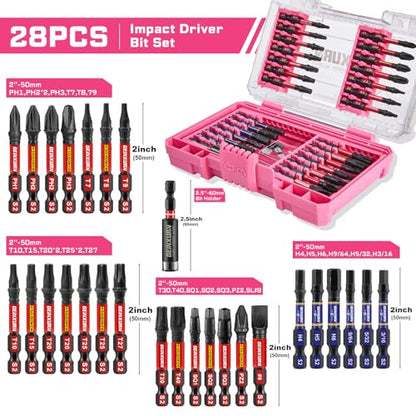 Geinxurn 28Pieces Impact Screwdriver Bits Set, Magnetic S2 Steel Phillips/Slotted/Square/Torx Insert Power Bits Tips, Impact Bit Holder with Pink Storage Box Case - style: STKB028-PK
