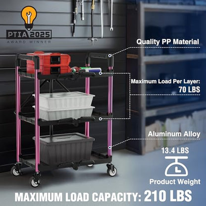 WORKPRO 3-Tier Collapsible Utility Cart, 210 LBS Cart with Wheels | No Assembly Required, Foldable Service Cart with Spacious Shelves for Garage, Warehouse, Office & Home Use, Black/Pink - color: Black/Glossy Pink