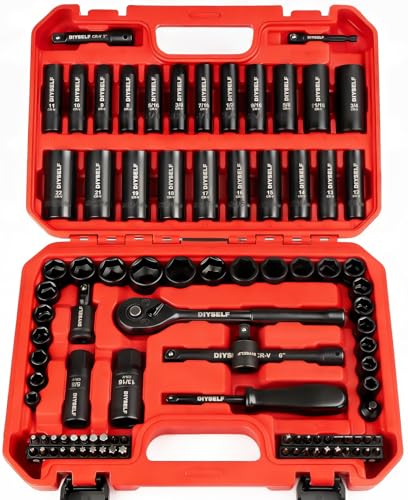 DIYSELF 95PCS 3/8" Drive Socket Set, 6-Point Metric & SAE Impact Socket Set | Laser-Etched Size Markings, Cr-V Steel Ratchet Set for Fasteners, Spark Plug Socket for Auto Repair, Garages and Mechanics