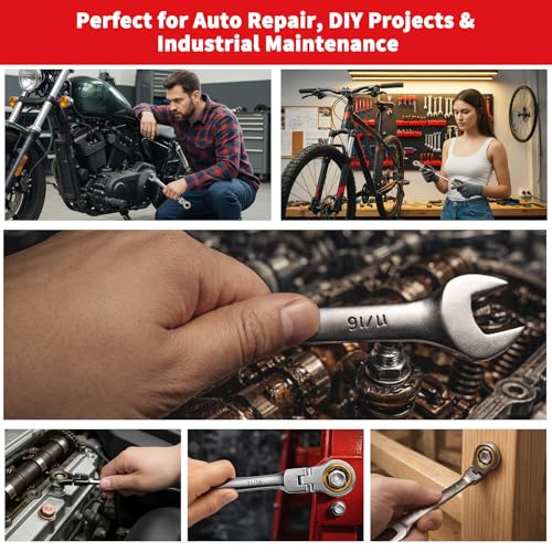 Professional Ratcheting Wrench Set,22-Piece SAE&Metric Combination Ratchet Wrenches 72-Tooth Reversible Mechanism,Premium Chrome Vanadium Steel Flex Head Wrench Set for Mechanics and Automotive Repair