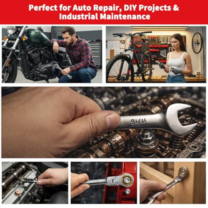 Professional Ratcheting Wrench Set,22-Piece SAE&Metric Combination Ratchet Wrenches 72-Tooth Reversible Mechanism,Premium Chrome Vanadium Steel Flex Head Wrench Set for Mechanics and Automotive Repair