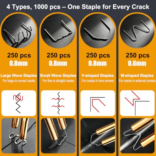 1000 pcs Plastic Welder Staples, 4 Types 0.8mm Wave/Flat/V & 0.6mm M Hot Staples Kit for Car Bumper Repair, Crack Fix, Auto Body Dashboard, Hot Stapler Plastic Welding Staples - SCTOEAI