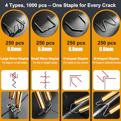 1000 pcs Plastic Welder Staples, 4 Types 0.8mm Wave/Flat/V & 0.6mm M Hot Staples Kit for Car Bumper Repair, Crack Fix, Auto Body Dashboard, Hot Stapler Plastic Welding Staples - SCTOEAI