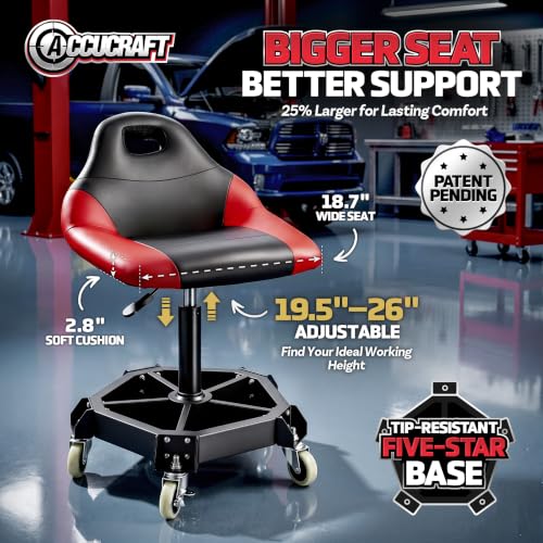 Rolling Stool with Wheels, Shop Stool with Backrest for Garage, Height Adjustable Mechanic Stool, Extra Wide Seat, Class 4 Gas Lift, 330 LB Heavy Duty Rolling Shop Stool with Locking Casters&Tool Tray
